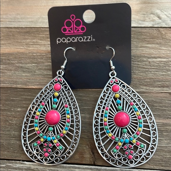 ❄️ Paparazzi | Silver and Pink Teardrop Earrings Boho Shabby Chic - Picture 10 of 10